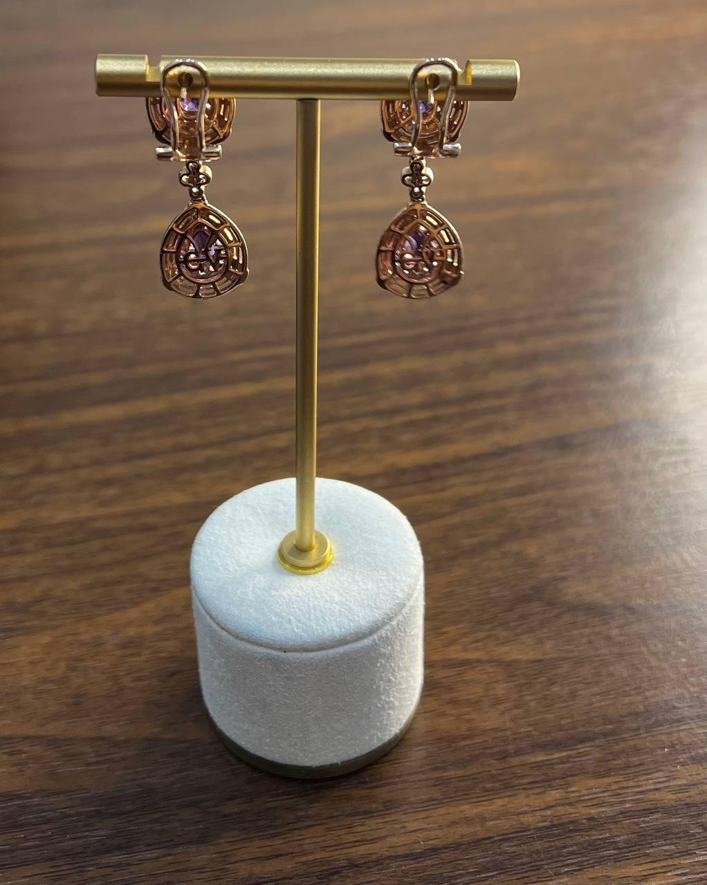 Purple Violet Amethyst Latticework Diamond Halo Drop 14K Rose Gold Earrings