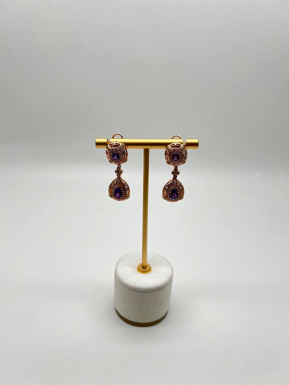 Purple Violet Amethyst Latticework Diamond Halo Drop 14K Rose Gold Earrings