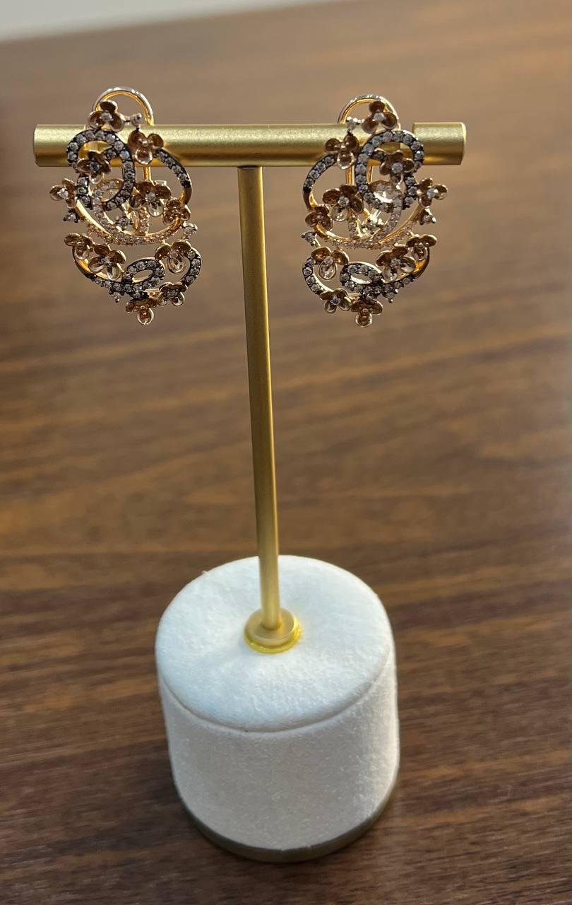 Champagne Diamond Floral Flower Nature Motifs 14K Rose Gold Statement Earrings