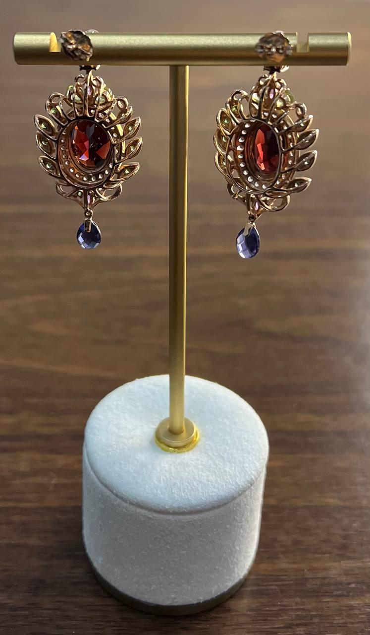 Red Garnet Multi Green Blue Sapphire Peridot Diamonds Gold Statement Earrings