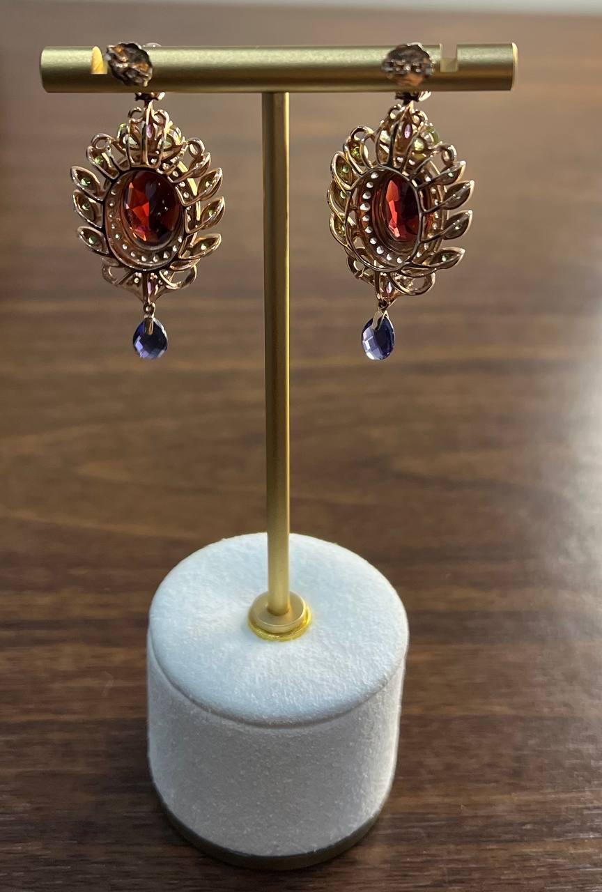 Red Garnet Multi Green Blue Sapphire Peridot Diamonds Gold Statement Earrings
