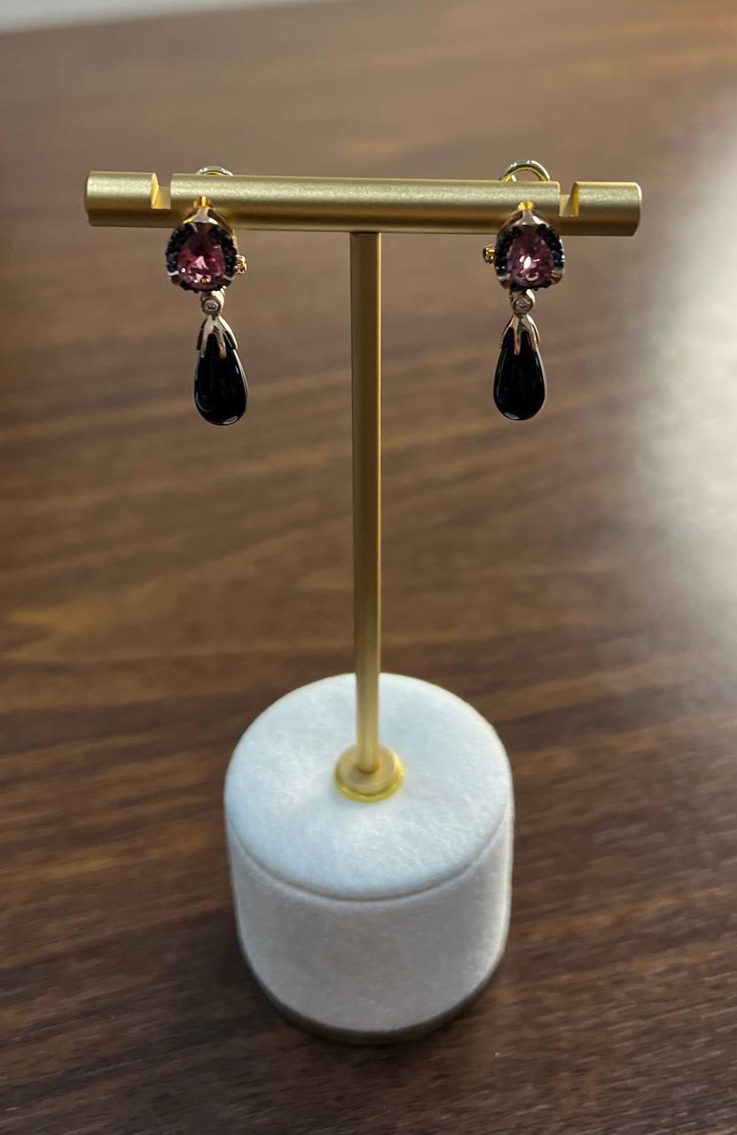 Black Onyx Briolette Black Diamonds Red Garnets Tear Drop 14K Rose Gold Earrings
