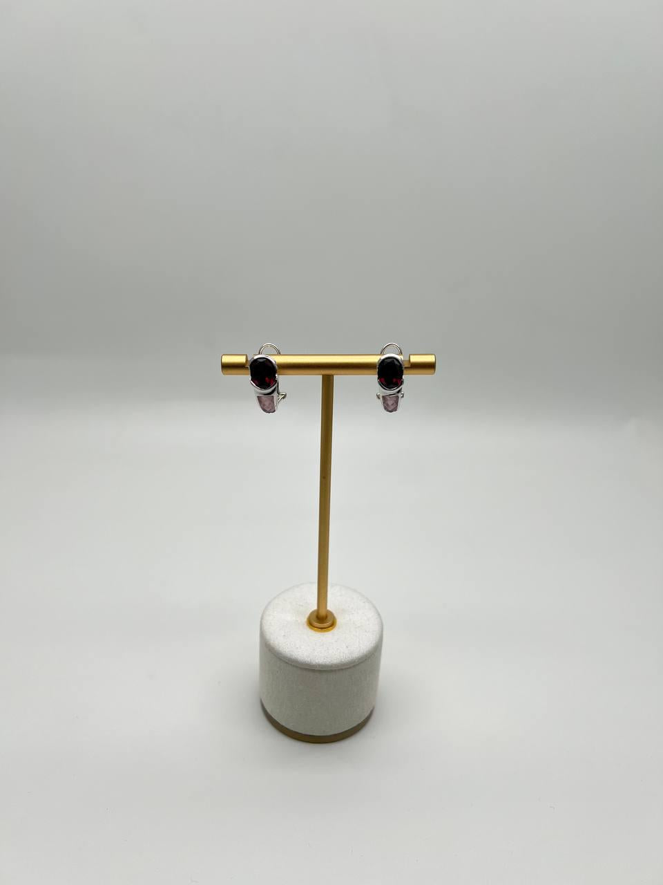 Oval Cut Dark Red Garnet 14K White Gold Huggie Small Hoop Statement Earrings