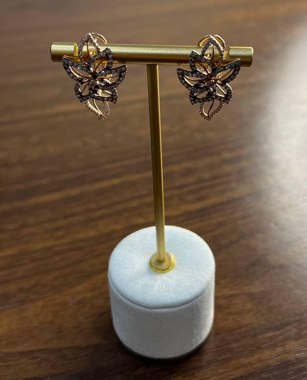 Gold Floral Leaf Symbol White Champagne Diamond Statement 14K Gold Earrings