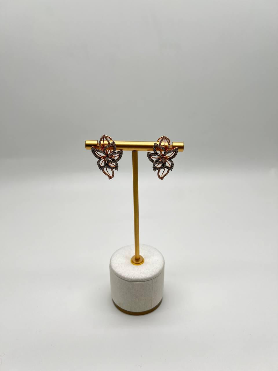 Gold Floral Leaf Symbol White Champagne Diamond Statement 14K Gold Earrings