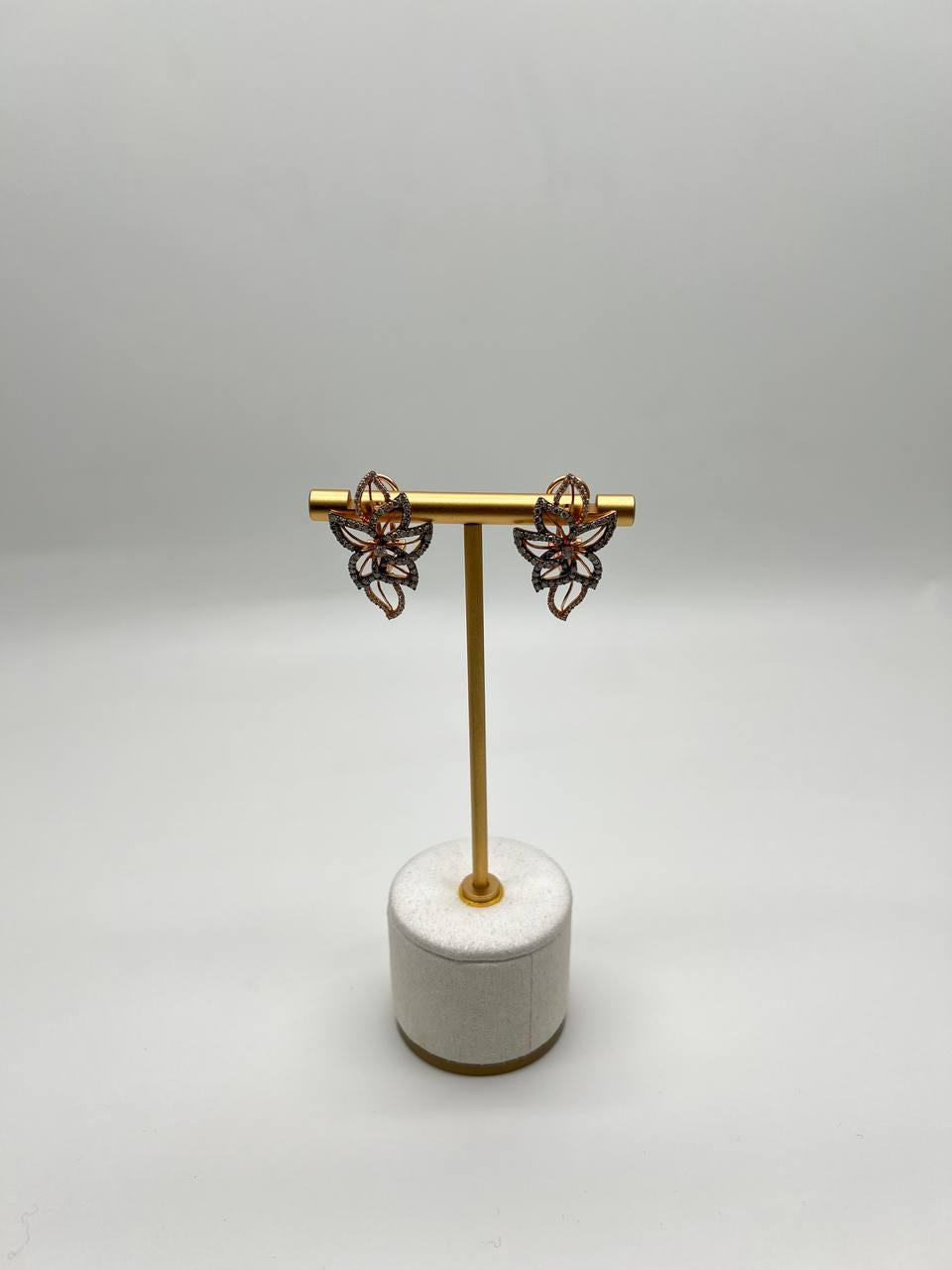 Gold Floral Leaf Symbol White Champagne Diamond Statement 14K Gold Earrings