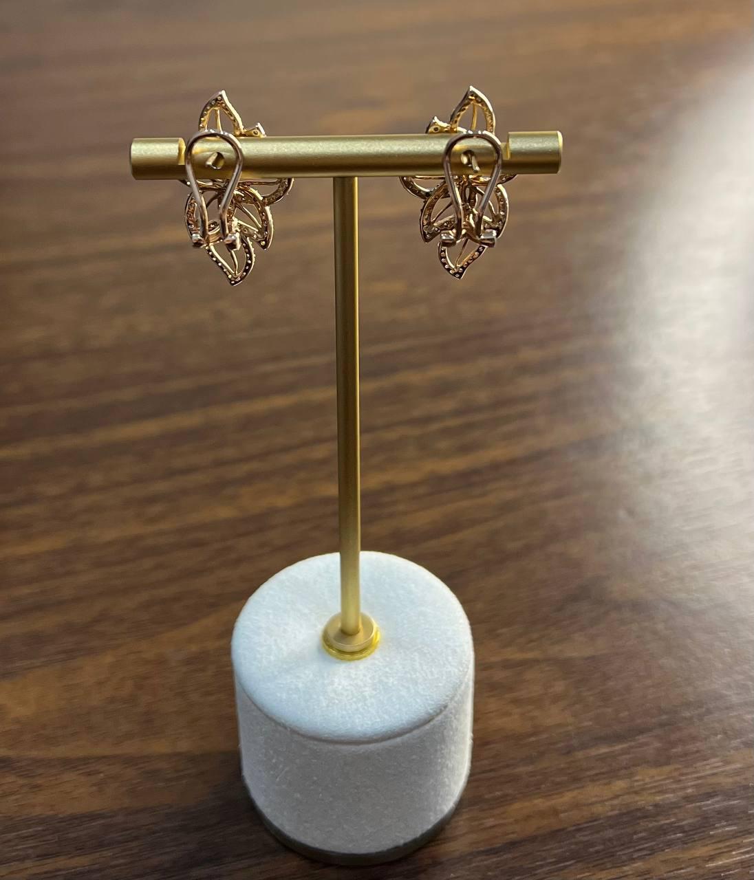 Gold Floral Leaf Symbol White Champagne Diamond Statement 14K Gold Earrings