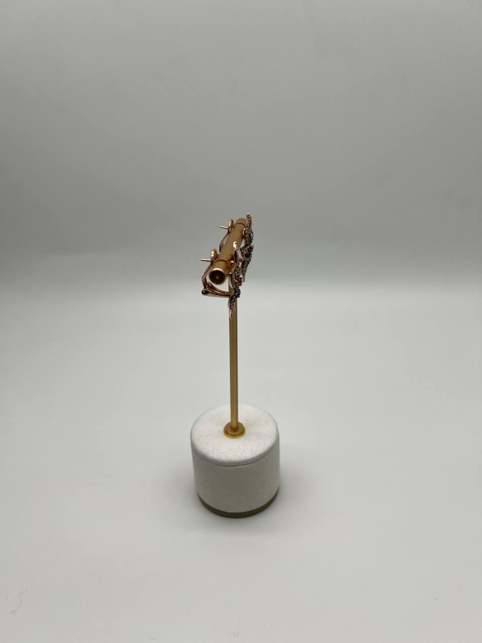 Gold Floral Leaf Symbol White Champagne Diamond Statement 14K Gold Earrings