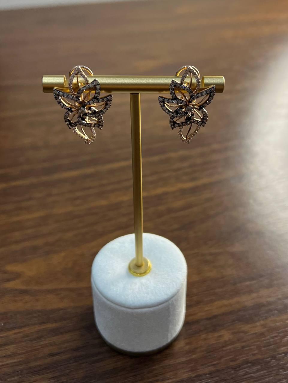 Gold Floral Leaf Symbol White Champagne Diamond Statement 14K Gold Earrings