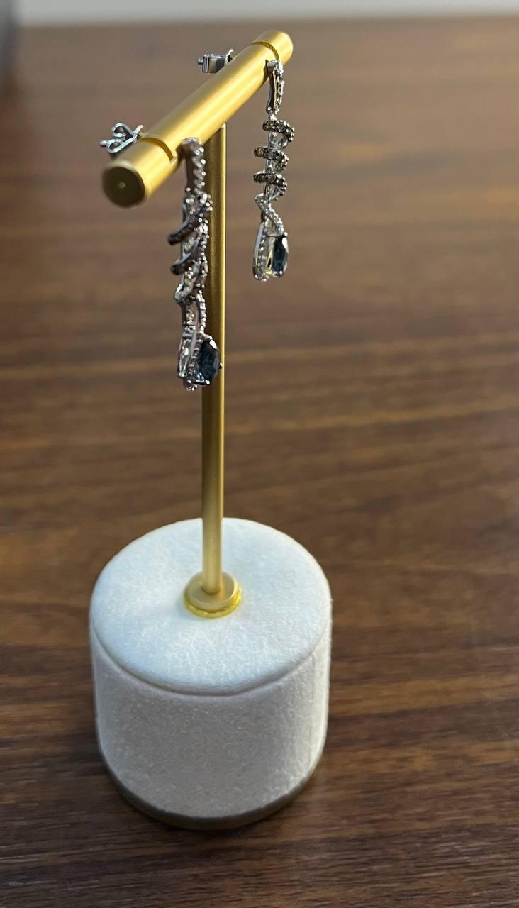 Pear Teardrop Blue Sapphire White Diamonds Spiral 14K White Gold Drop Earrings