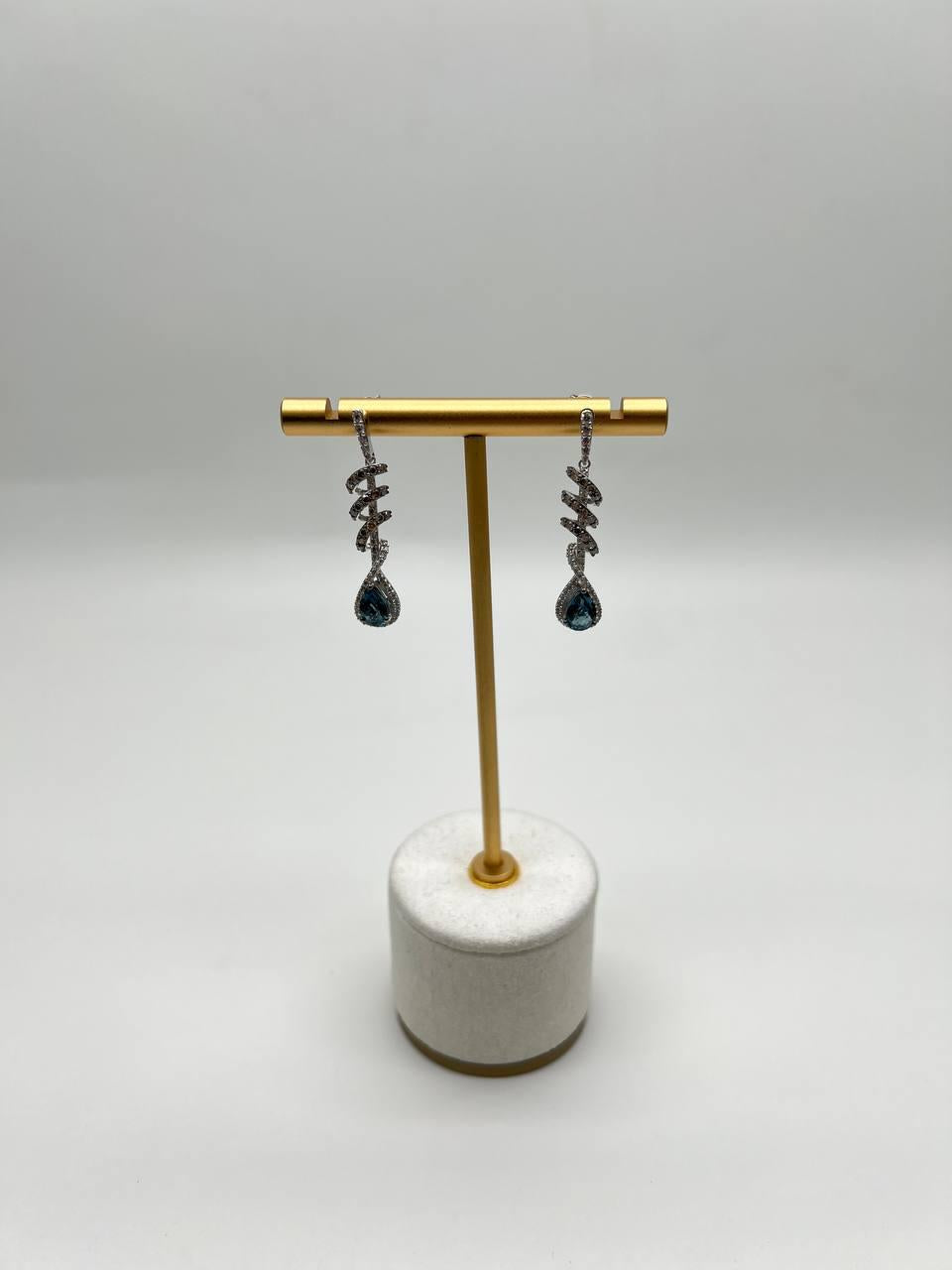 Pear Teardrop Blue Sapphire White Diamonds Spiral 14K White Gold Drop Earrings