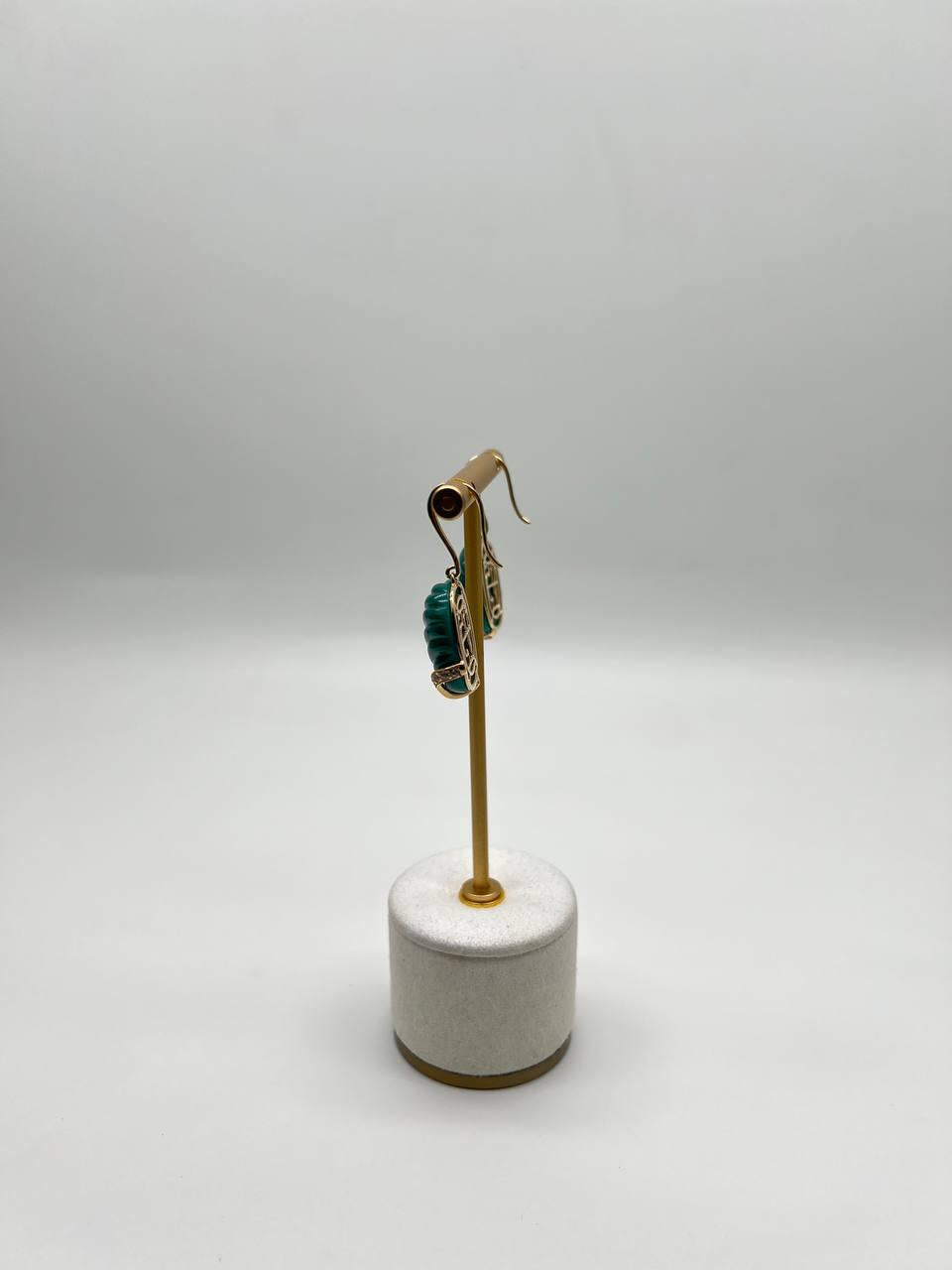 Dark Green Carved Agate Diamond Accent 14K Yellow Gold Drop Hook Earrings