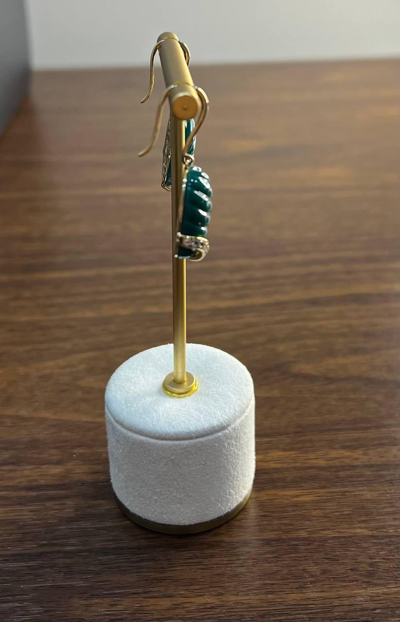 Dark Green Carved Agate Diamond Accent 14K Yellow Gold Drop Hook Earrings