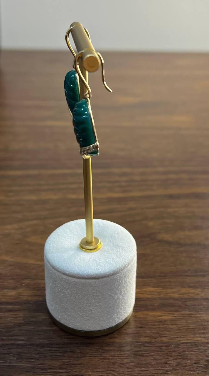 Dark Green Carved Agate Diamond Accent 14K Yellow Gold Drop Hook Earrings