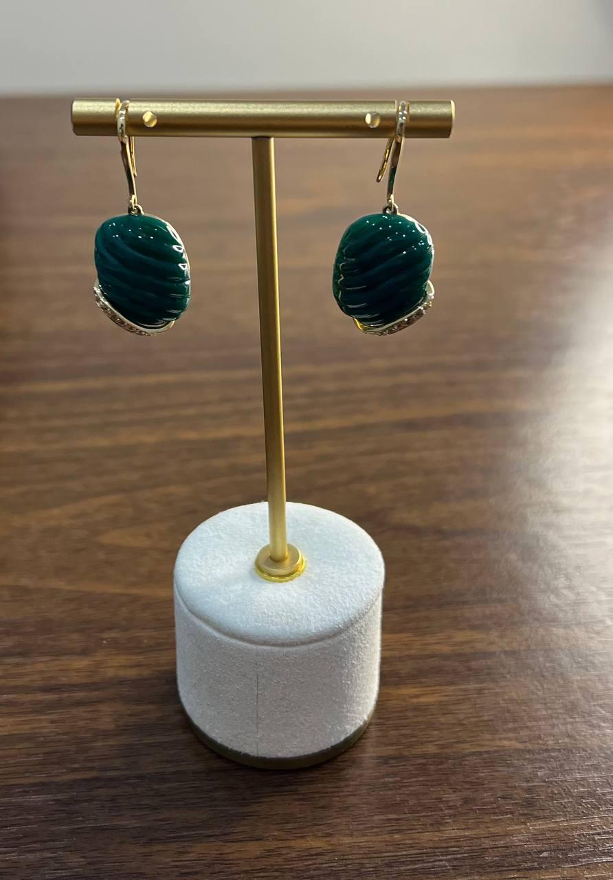 Dark Green Carved Agate Diamond Accent 14K Yellow Gold Drop Hook Earrings