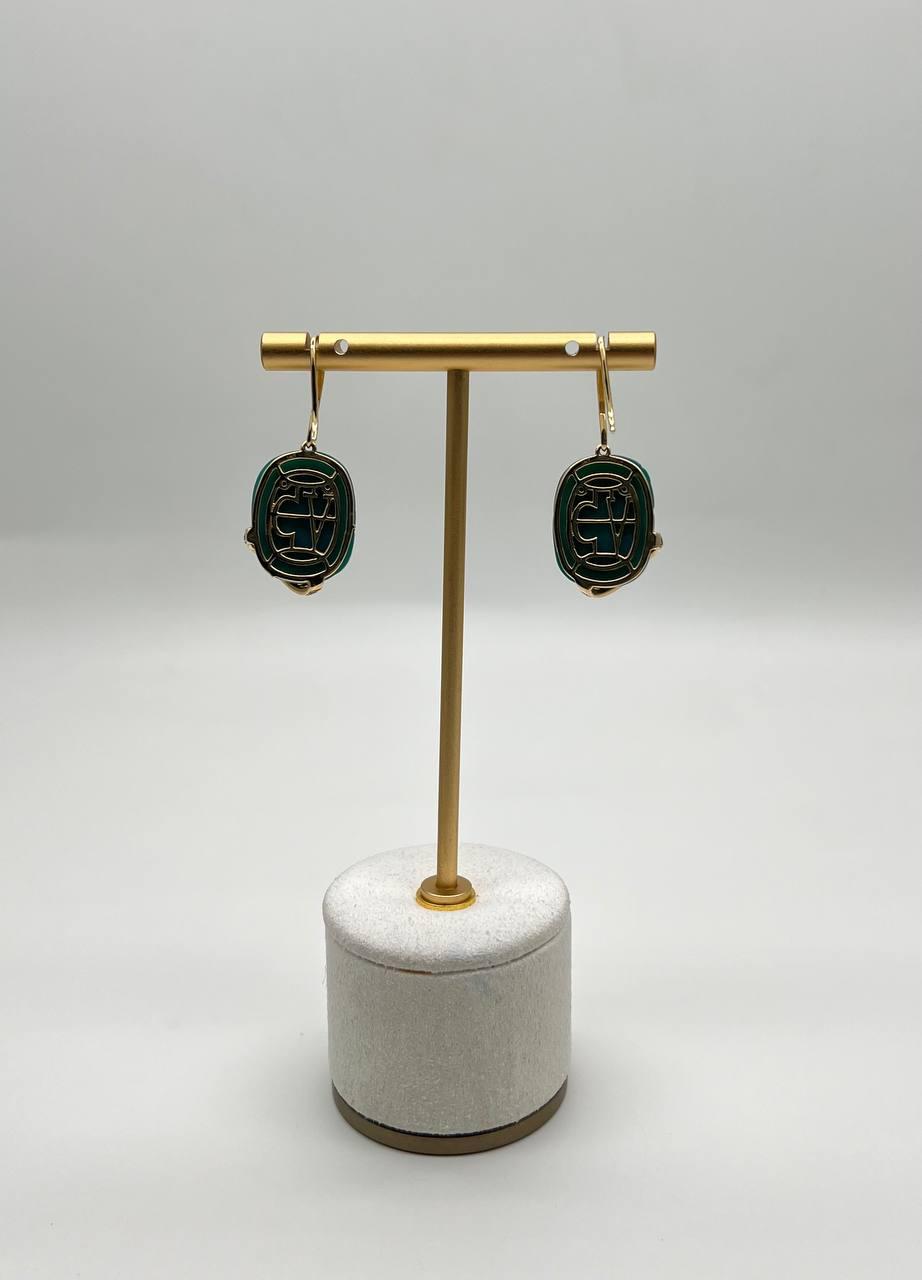 Dark Green Carved Agate Diamond Accent 14K Yellow Gold Drop Hook Earrings