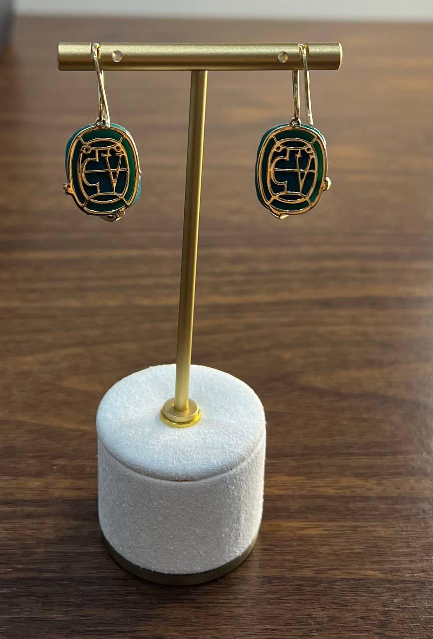 Dark Green Carved Agate Diamond Accent 14K Yellow Gold Drop Hook Earrings