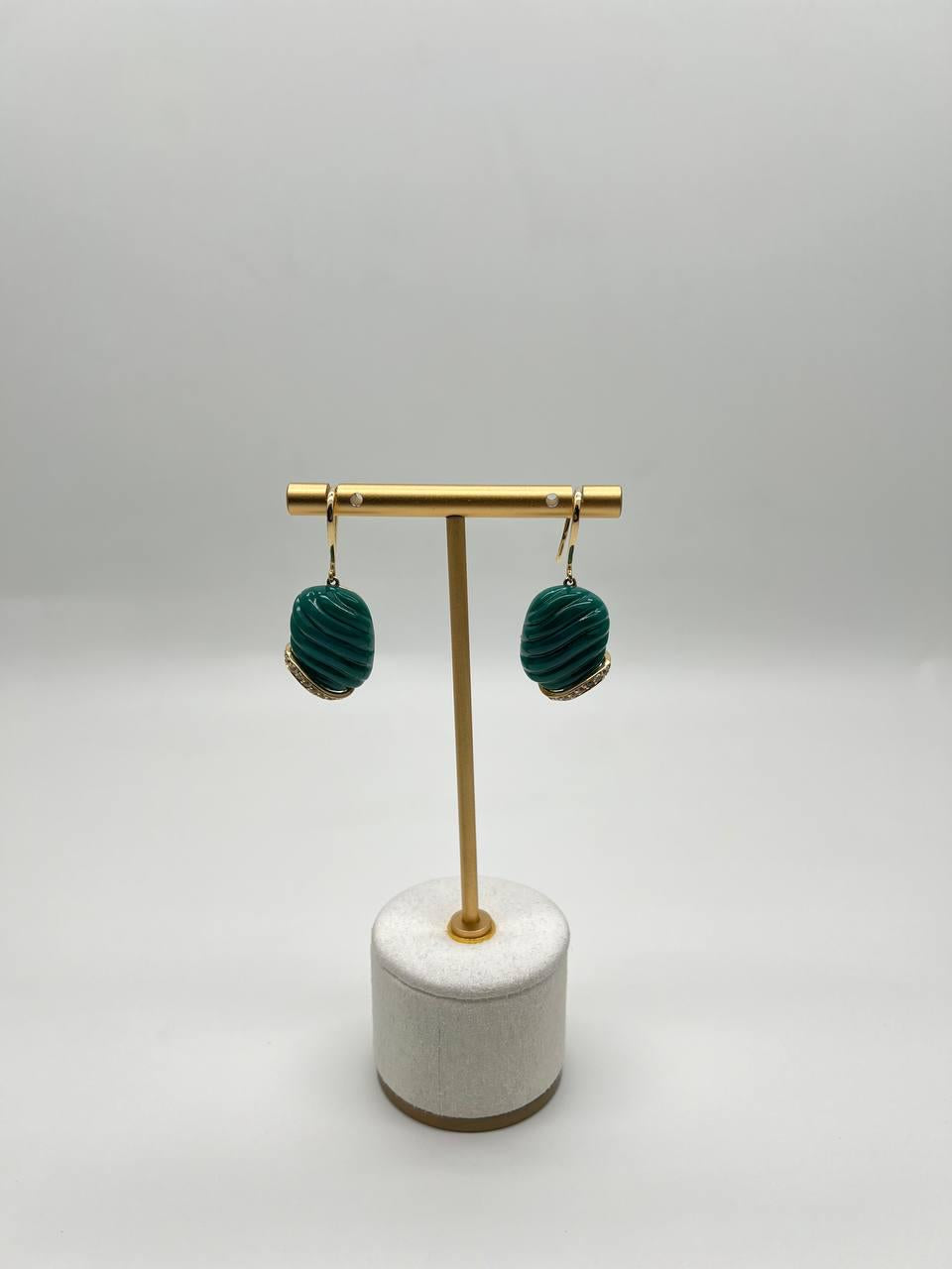 Dark Green Carved Agate Diamond Accent 14K Yellow Gold Drop Hook Earrings