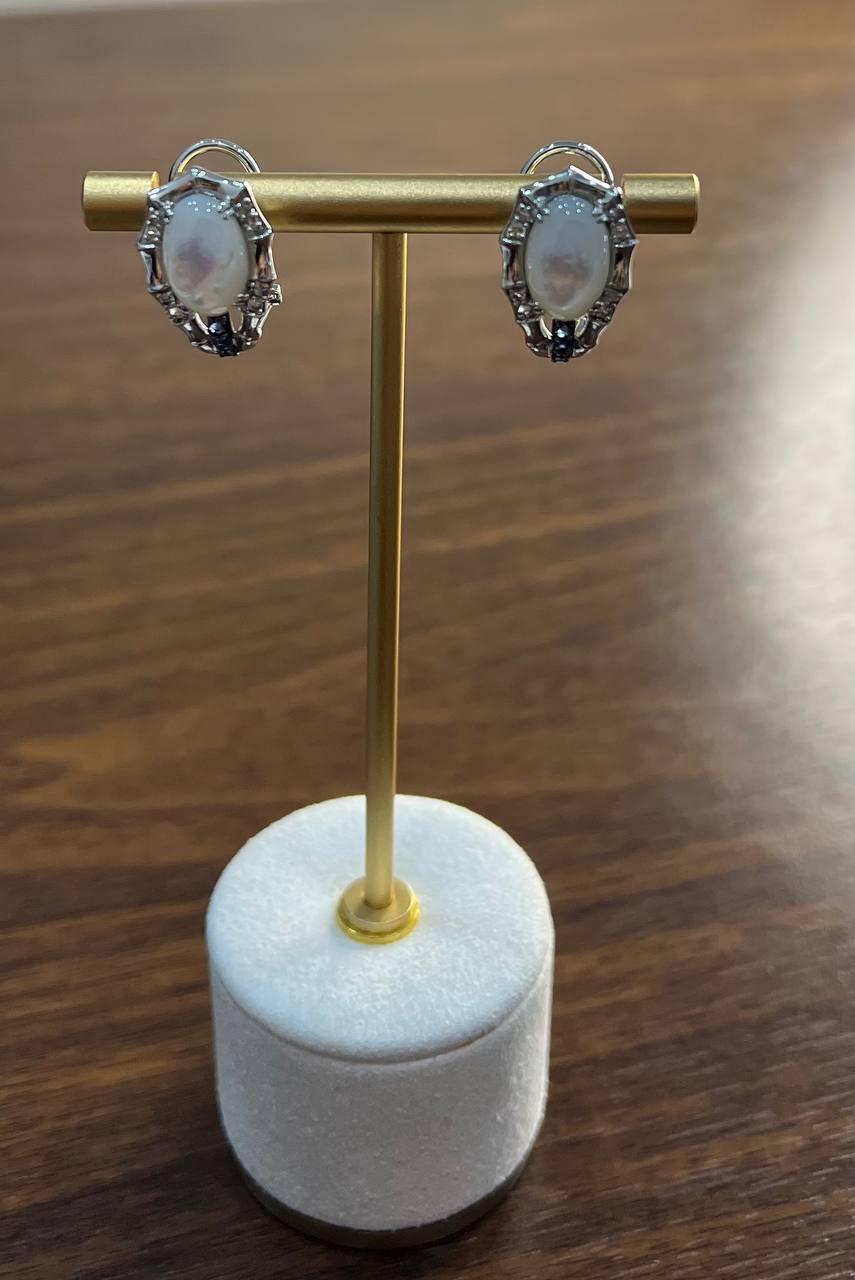 White Mother of Pearl Center Stone 14K White Stone Diamond Statement Earrings