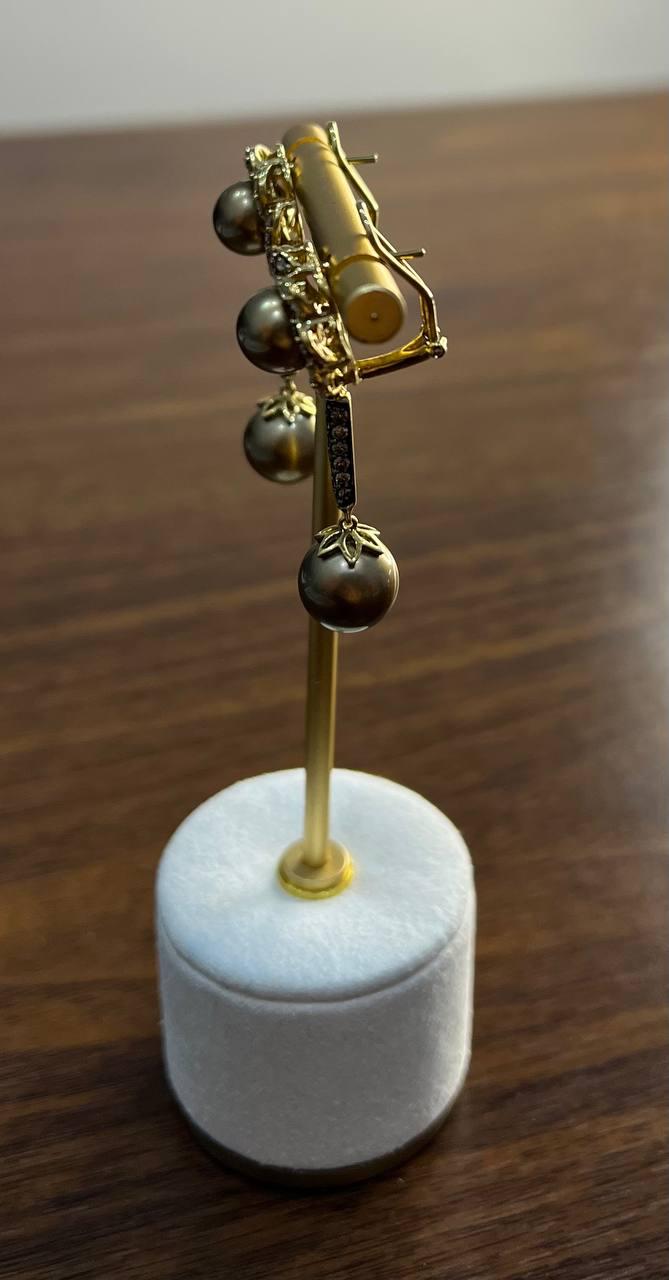 Dark Brown Silver Pearls Black Brown Diamonds Halo 14K Yellow Gold Drop Earrings