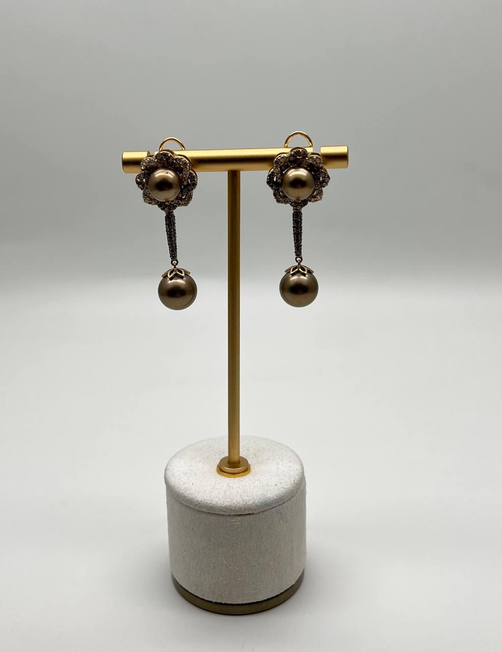 Dark Brown Silver Pearls Black Brown Diamonds Halo 14K Yellow Gold Drop Earrings