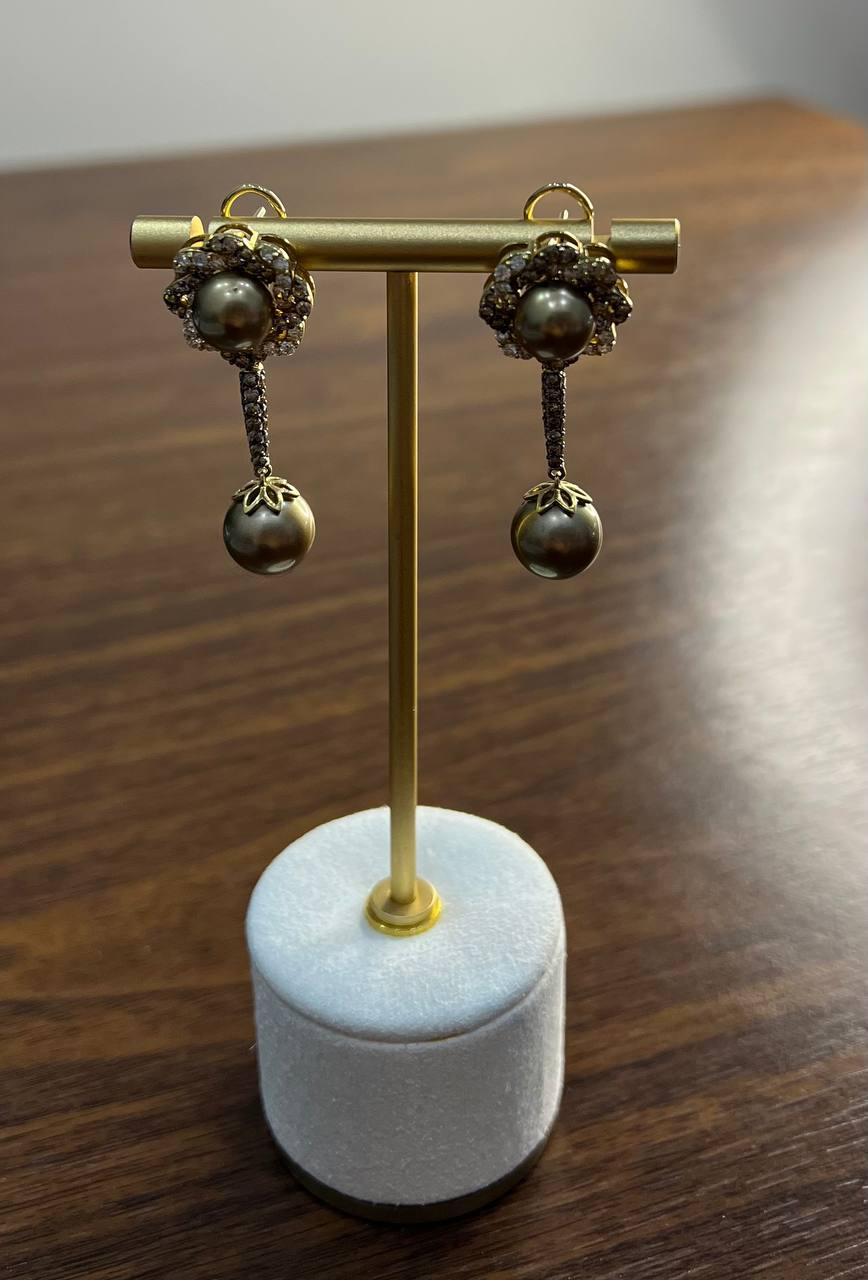 Dark Brown Silver Pearls Black Brown Diamonds Halo 14K Yellow Gold Drop Earrings