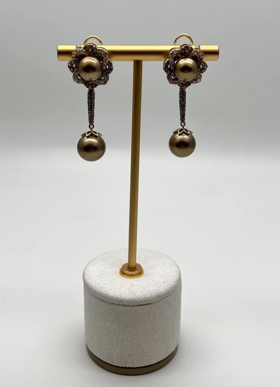 Dark Brown Silver Pearls Black Brown Diamonds Halo 14K Yellow Gold Drop Earrings