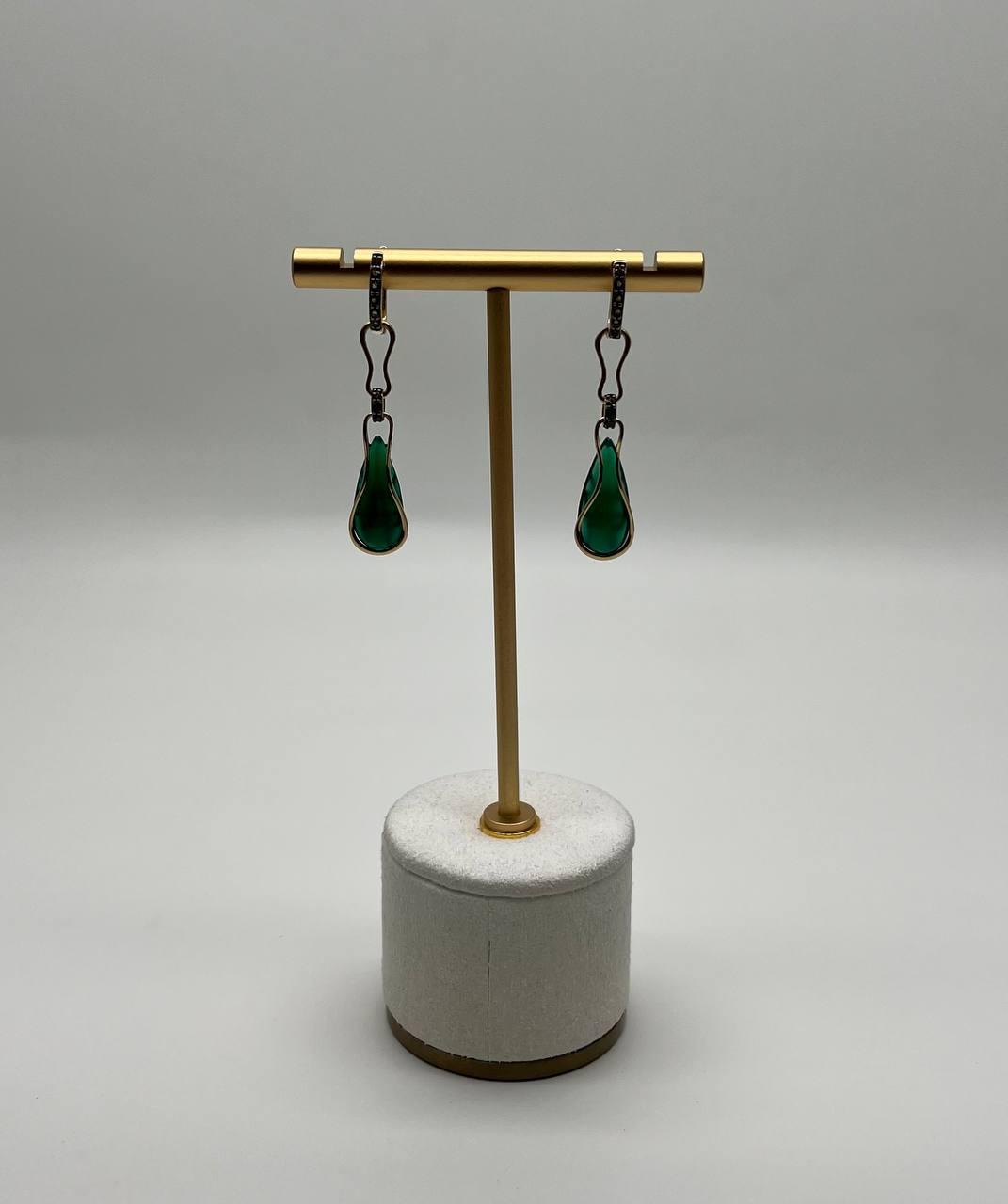 Two Emerald Teardrop 14K Yellow Gold Black Diamonds Wave Design Drop Earrings