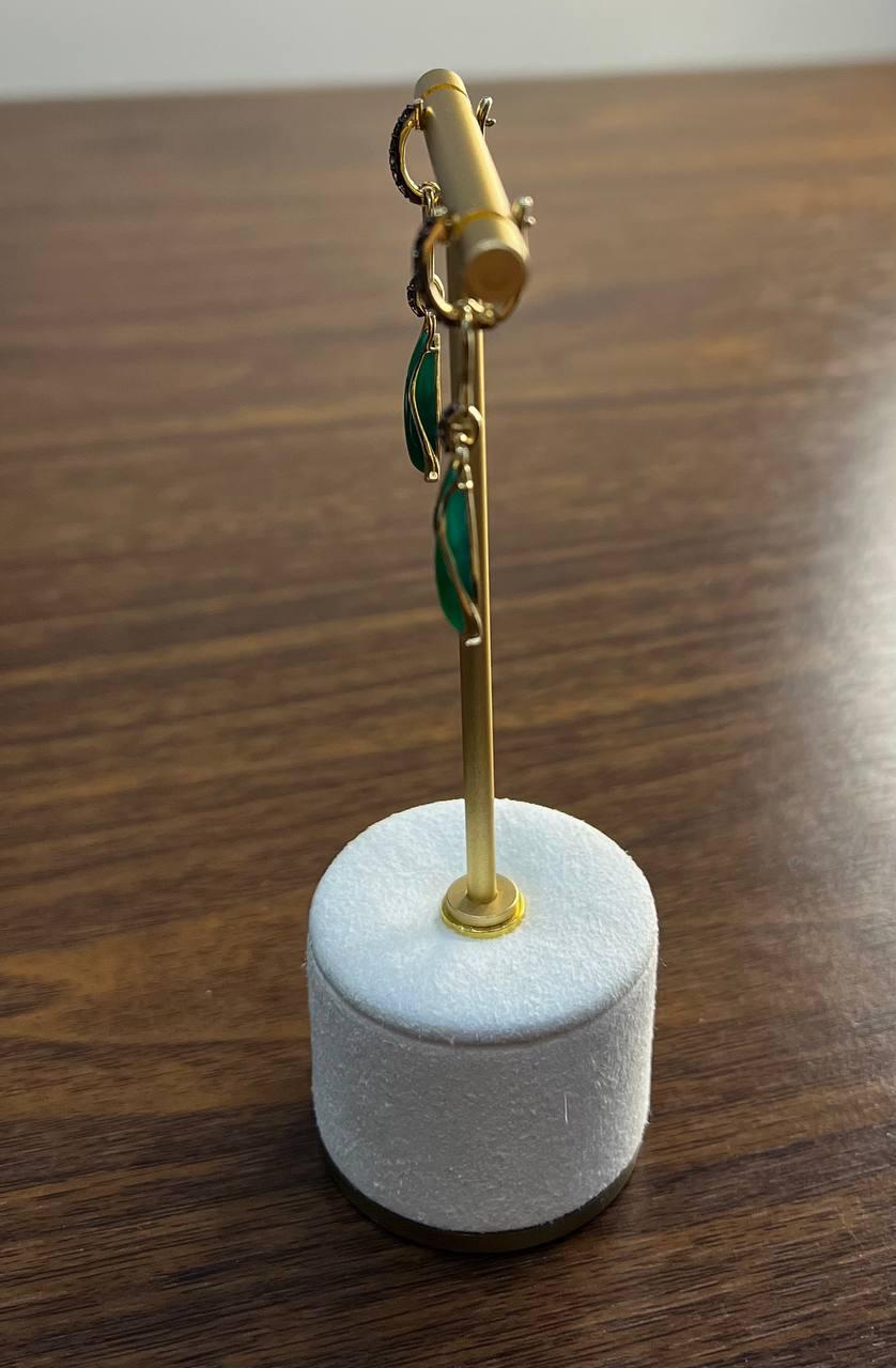 Two Emerald Teardrop 14K Yellow Gold Black Diamonds Wave Design Drop Earrings