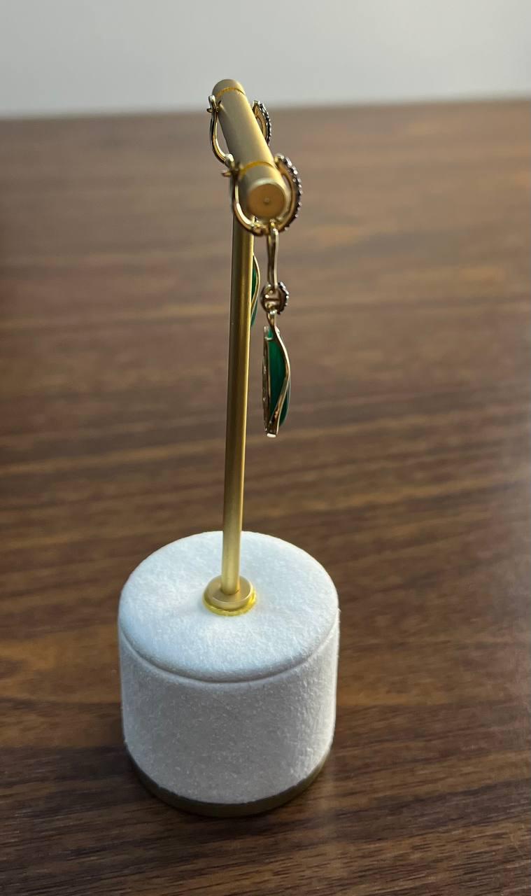 Two Emerald Teardrop 14K Yellow Gold Black Diamonds Wave Design Drop Earrings