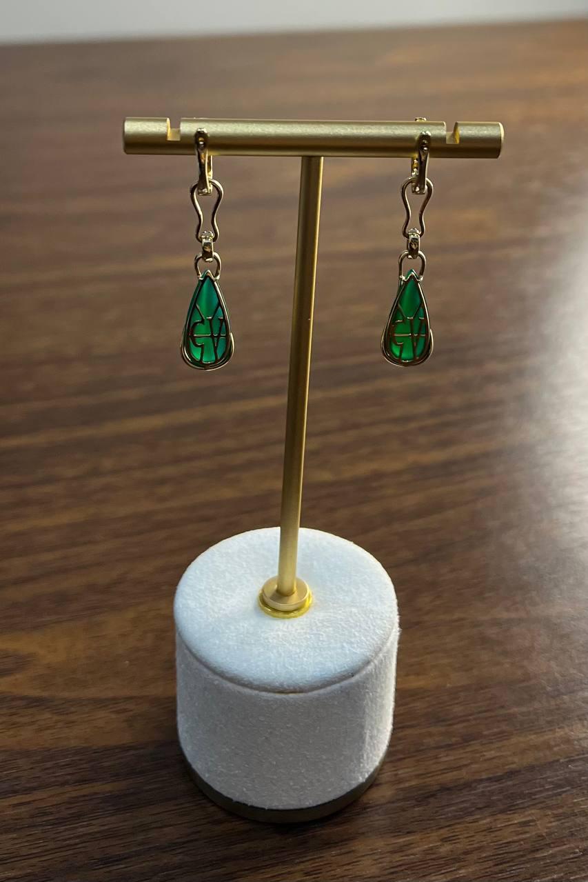 Two Emerald Teardrop 14K Yellow Gold Black Diamonds Wave Design Drop Earrings