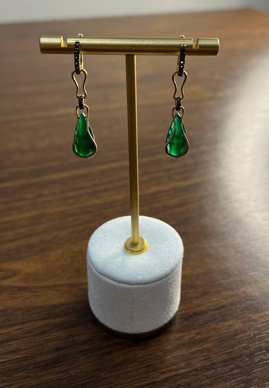 Two Emerald Teardrop 14K Yellow Gold Black Diamonds Wave Design Drop Earrings
