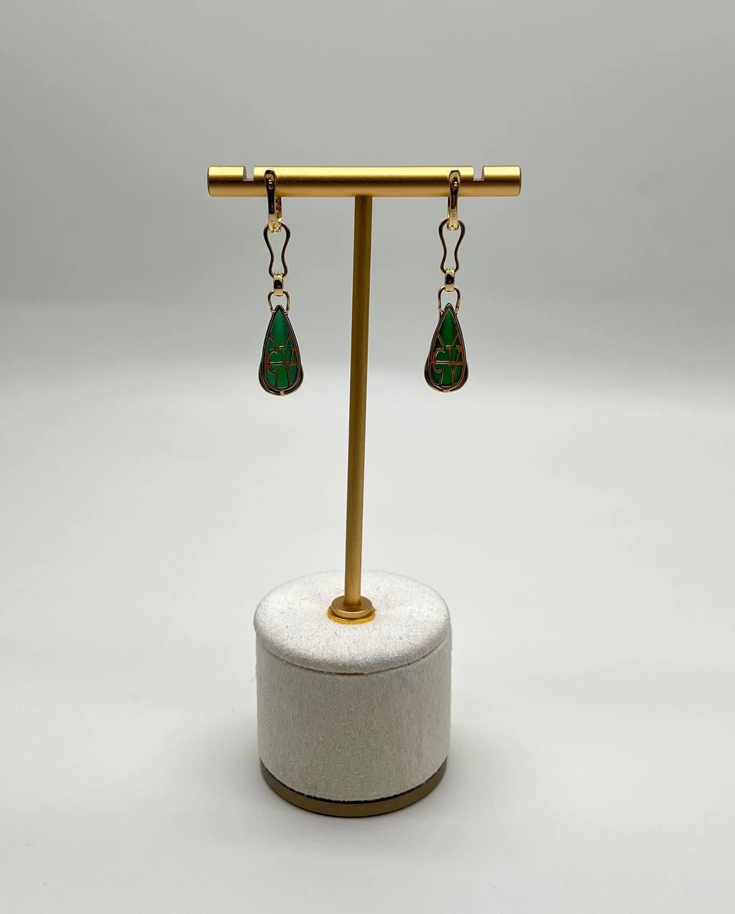 Two Emerald Teardrop 14K Yellow Gold Black Diamonds Wave Design Drop Earrings