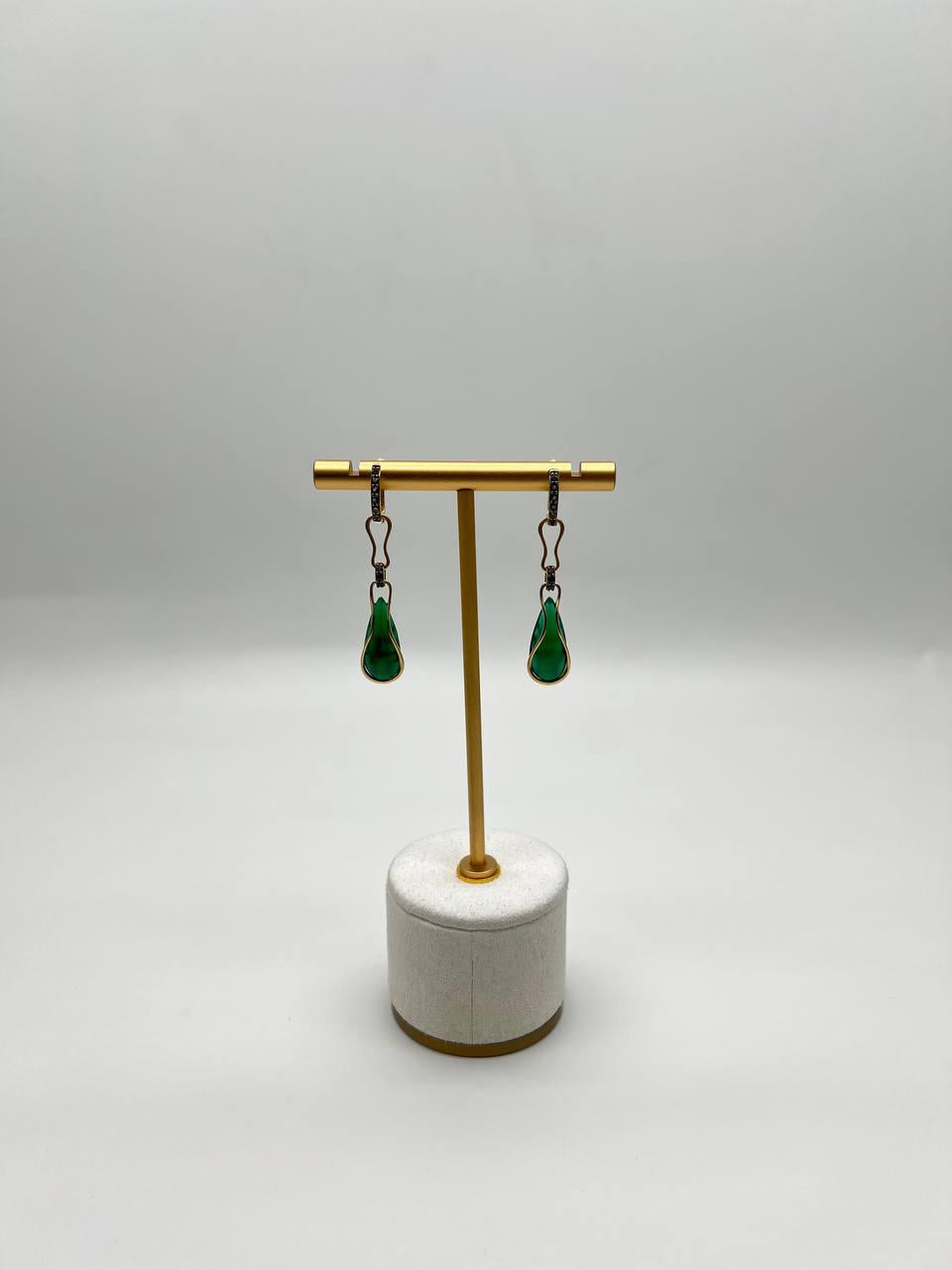 Two Emerald Teardrop 14K Yellow Gold Black Diamonds Wave Design Drop Earrings