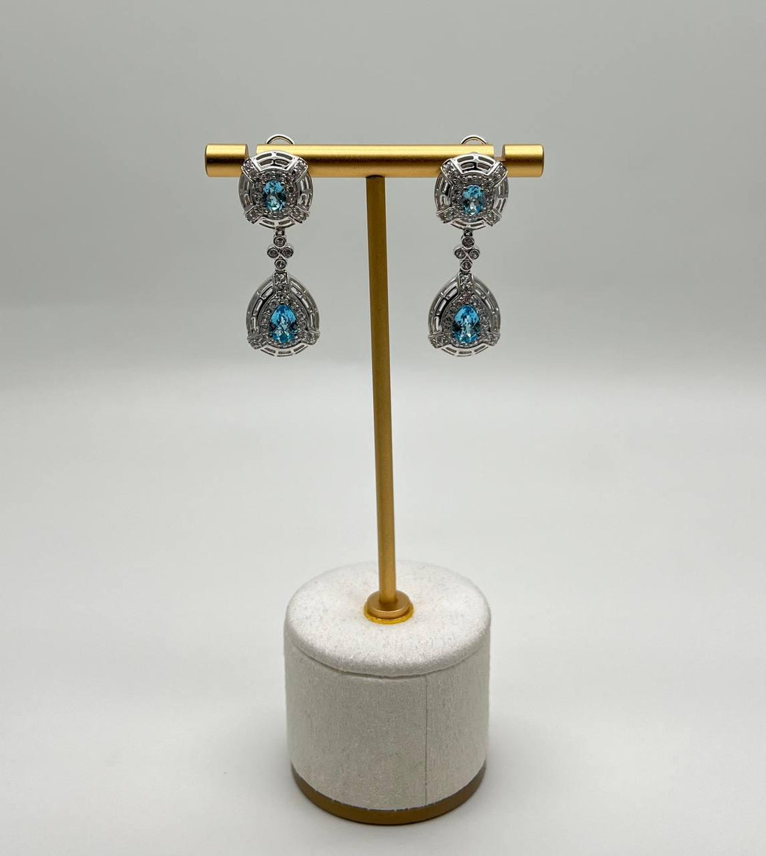 Fancy Blue Topaz White Diamond Halo 14K White Gold Fancy Drop Lattice Earrings