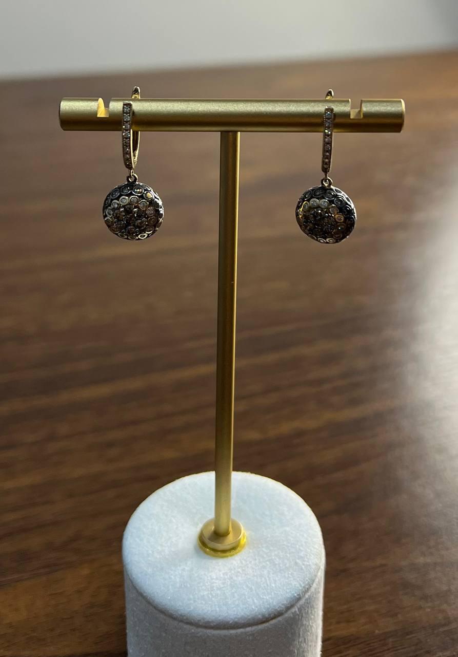 Champagne Cognac Diamond Cluster Pave Set 14K Gold Statement Drop Earrings