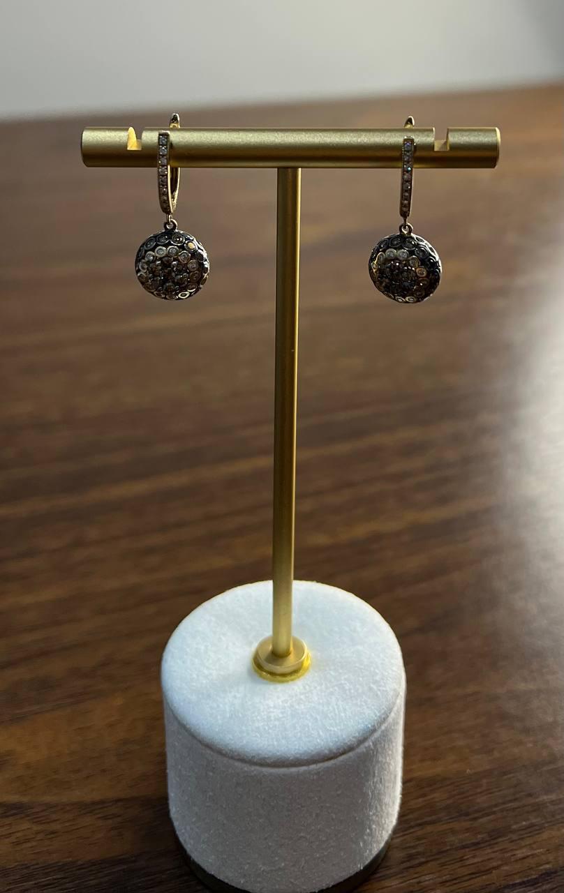 Champagne Cognac Diamond Cluster Pave Set 14K Gold Statement Drop Earrings