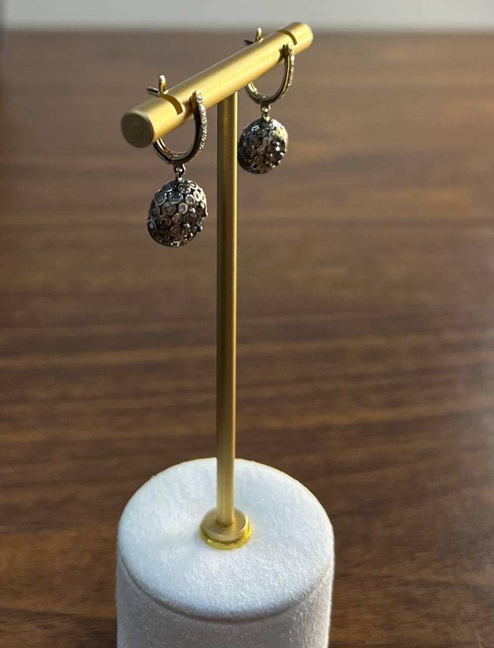 Champagne Cognac Diamond Cluster Pave Set 14K Gold Statement Drop Earrings