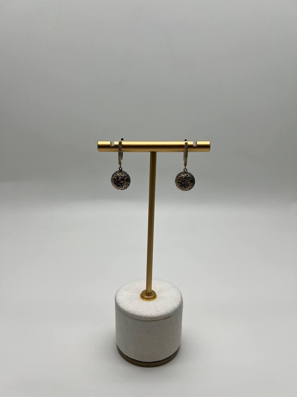 Champagne Cognac Diamond Cluster Pave Set 14K Gold Statement Drop Earrings