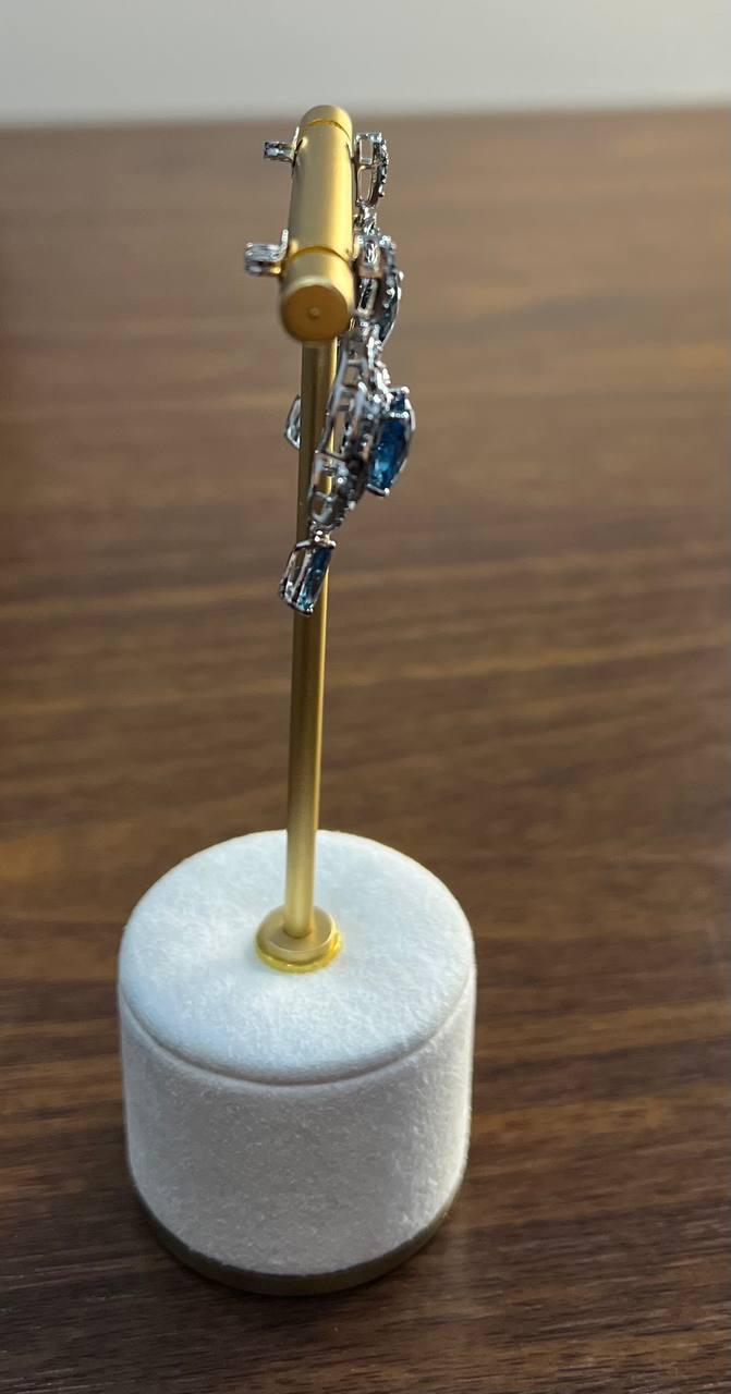 Round Blue Topaz Leaf Nature Diamonds 14 K White Gold Teardrop Dangle Earrings