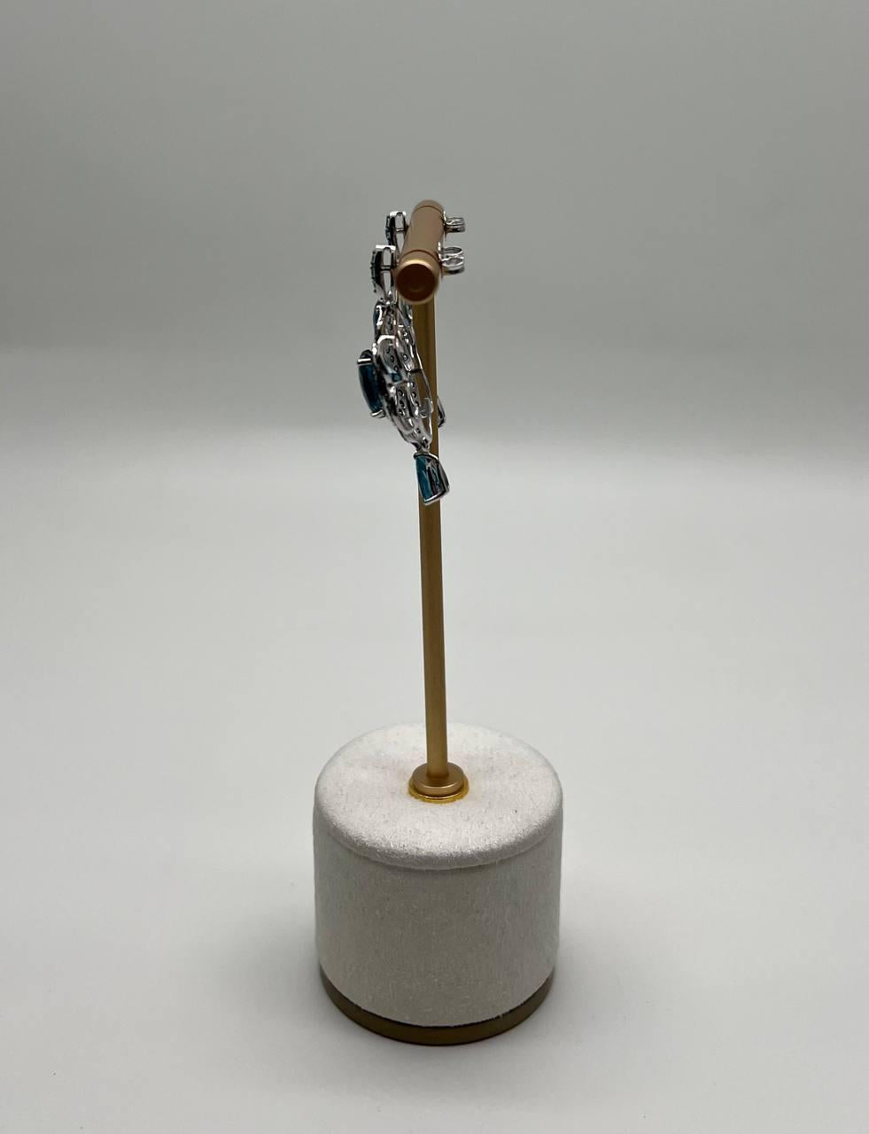 Round Blue Topaz Leaf Nature Diamonds 14 K White Gold Teardrop Dangle Earrings