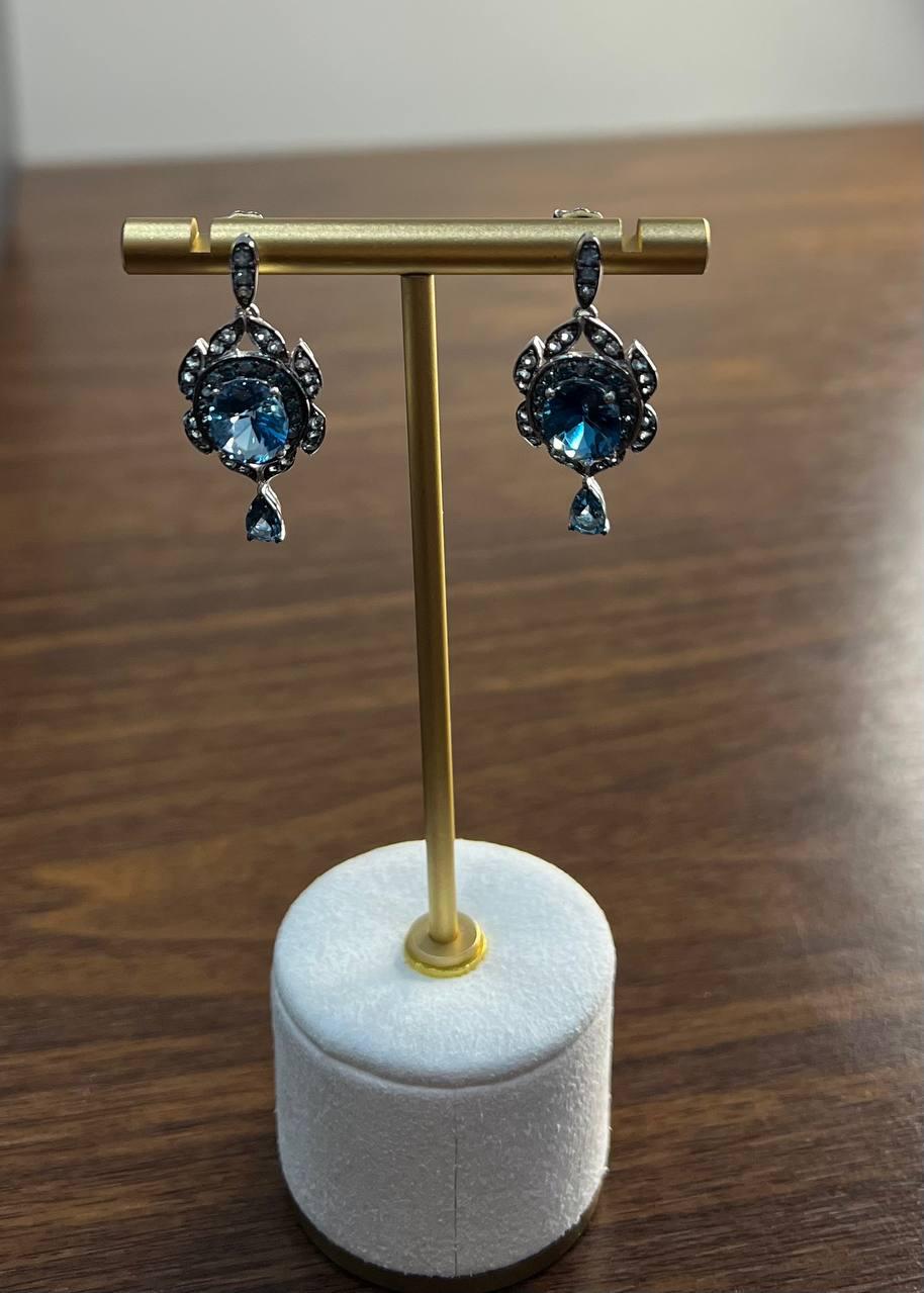 Round Blue Topaz Leaf Nature Diamonds 14 K White Gold Teardrop Dangle Earrings