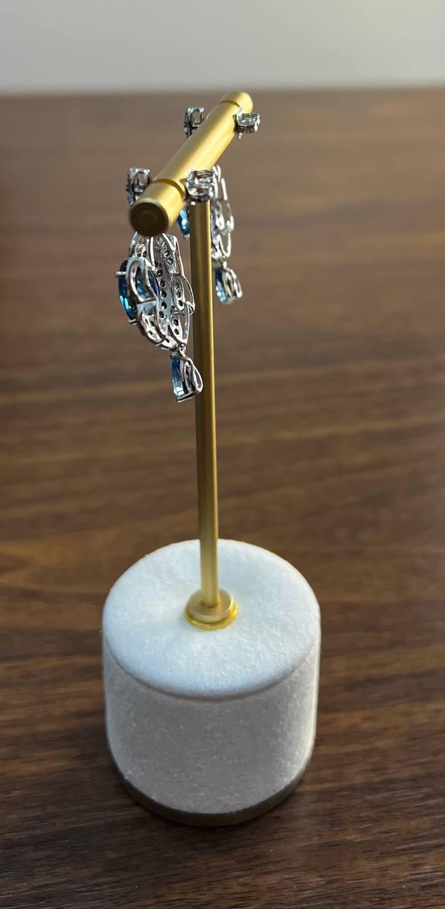 Round Blue Topaz Leaf Nature Diamonds 14 K White Gold Teardrop Dangle Earrings