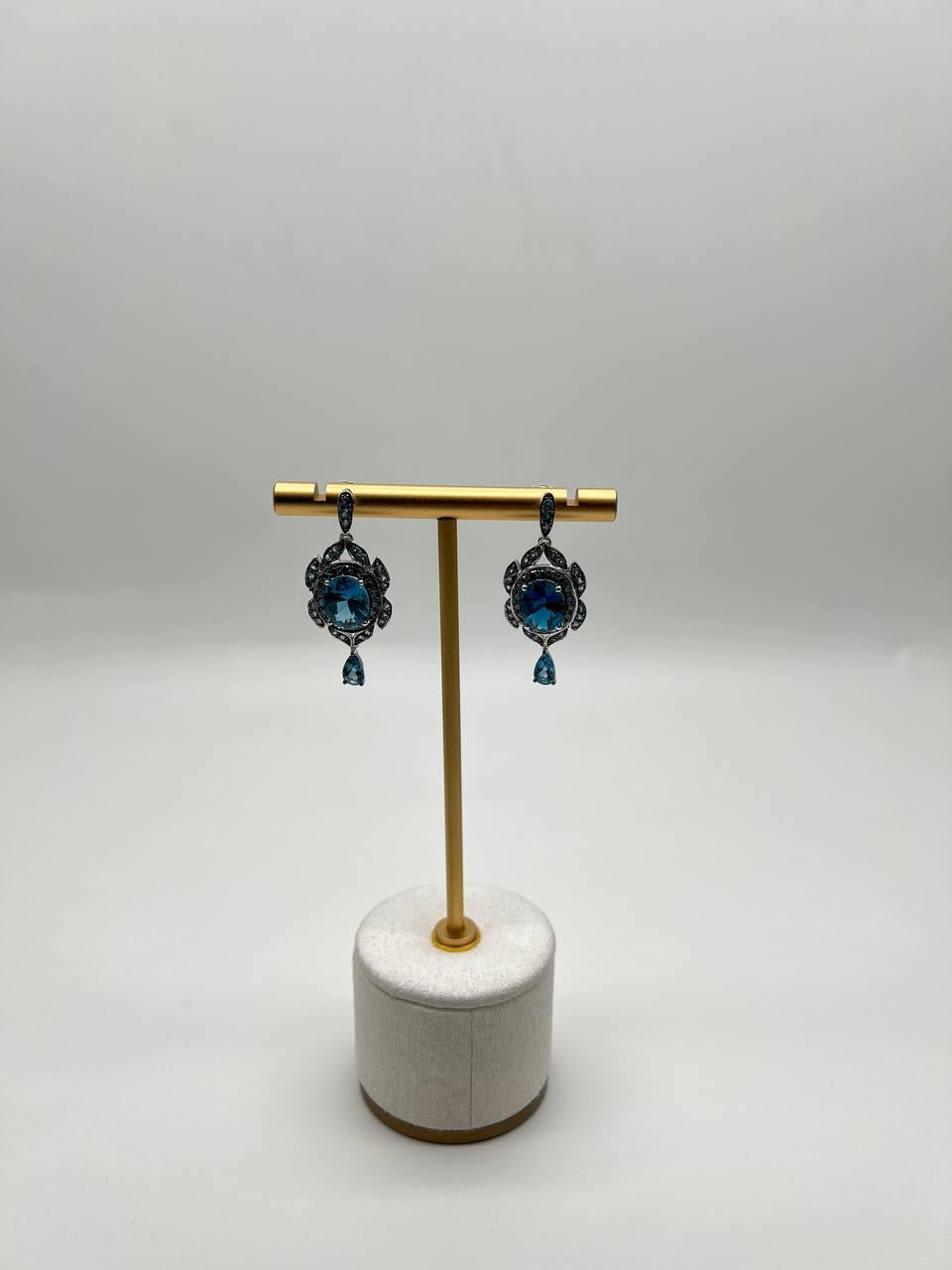 Round Blue Topaz Leaf Nature Diamonds 14 K White Gold Teardrop Dangle Earrings