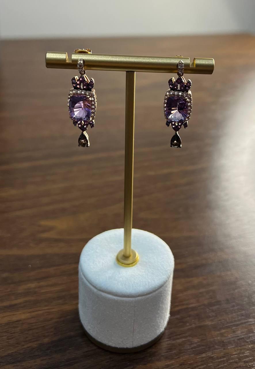 Purple Violet Amethyst Diamond Halo 14K Rose Gold Drop Statement Earrings