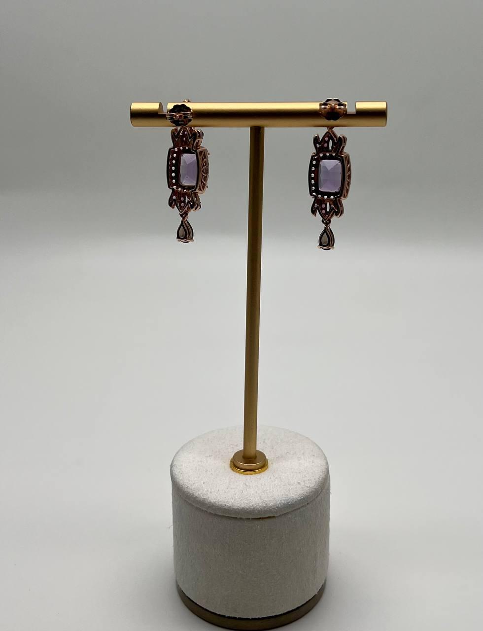 Purple Violet Amethyst Diamond Halo 14K Rose Gold Drop Statement Earrings