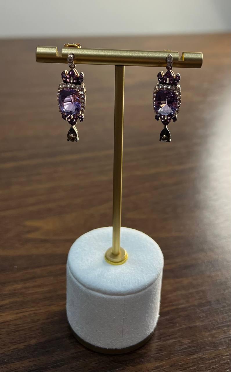 Purple Violet Amethyst Diamond Halo 14K Rose Gold Drop Statement Earrings