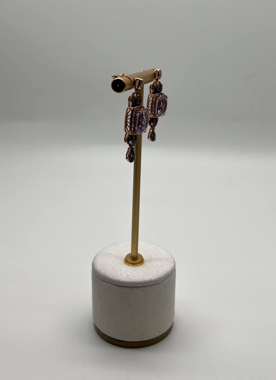 Purple Violet Amethyst Diamond Halo 14K Rose Gold Drop Statement Earrings
