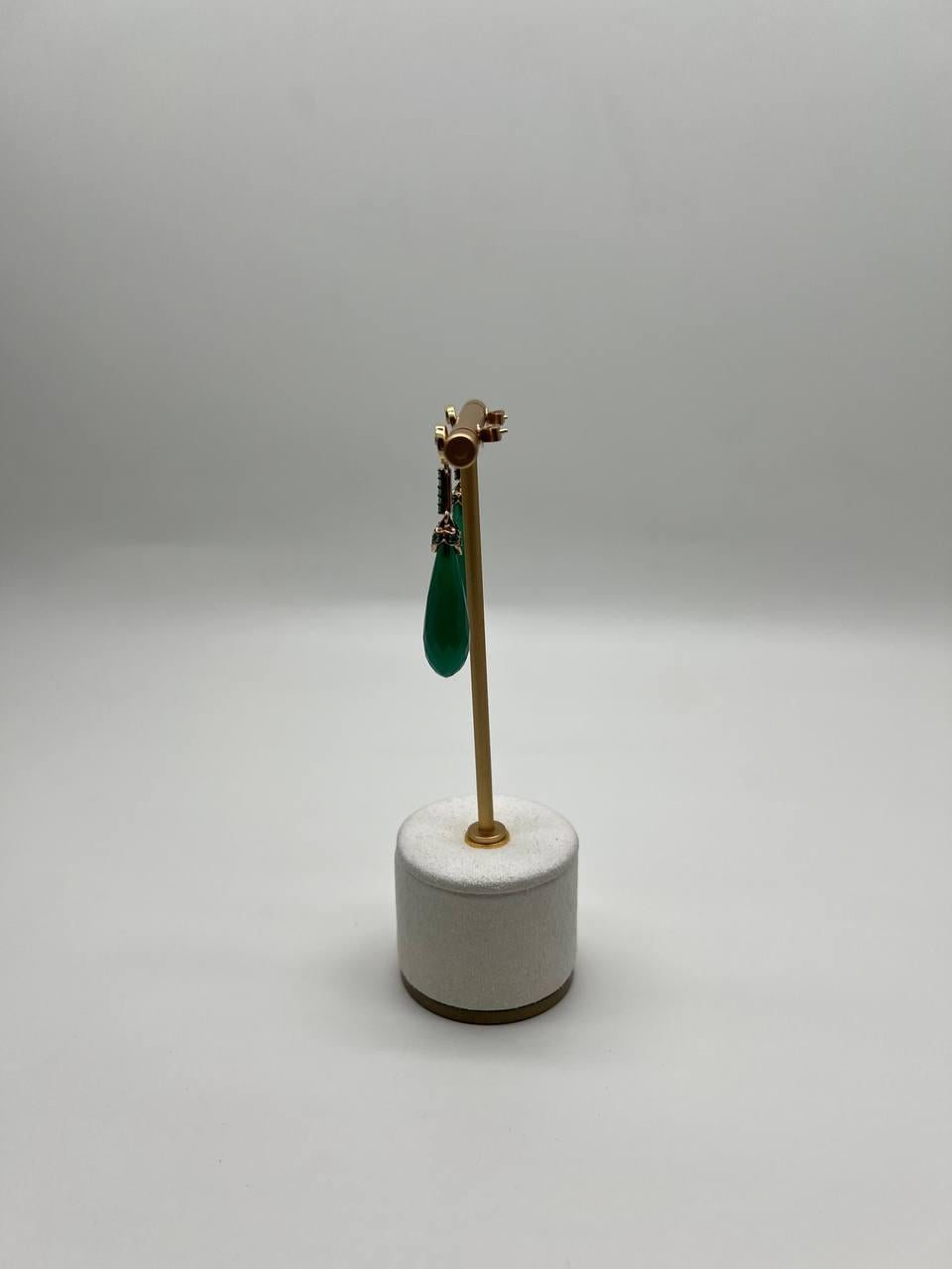 Dark Green Teardrop Briolette Quartz Earrings Diamond 14K Gold Drop Earrings