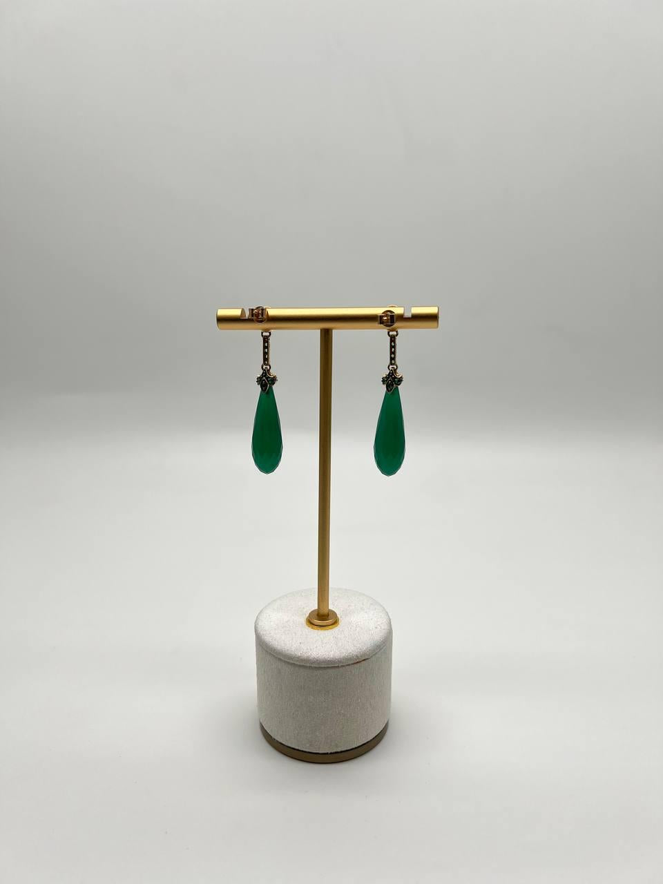 Dark Green Teardrop Briolette Quartz Earrings Diamond 14K Gold Drop Earrings